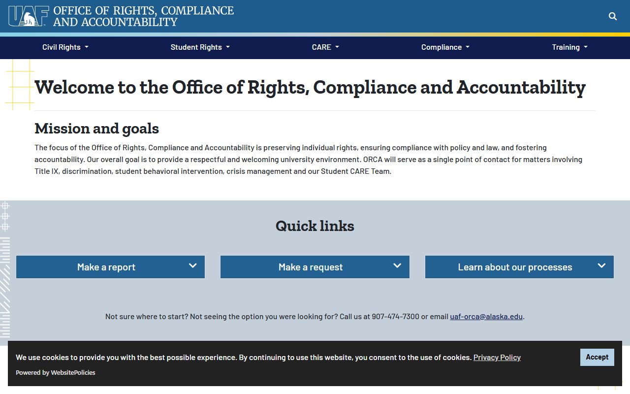 College Alaska 72 hour booking UAF Office of Rights Compliance page