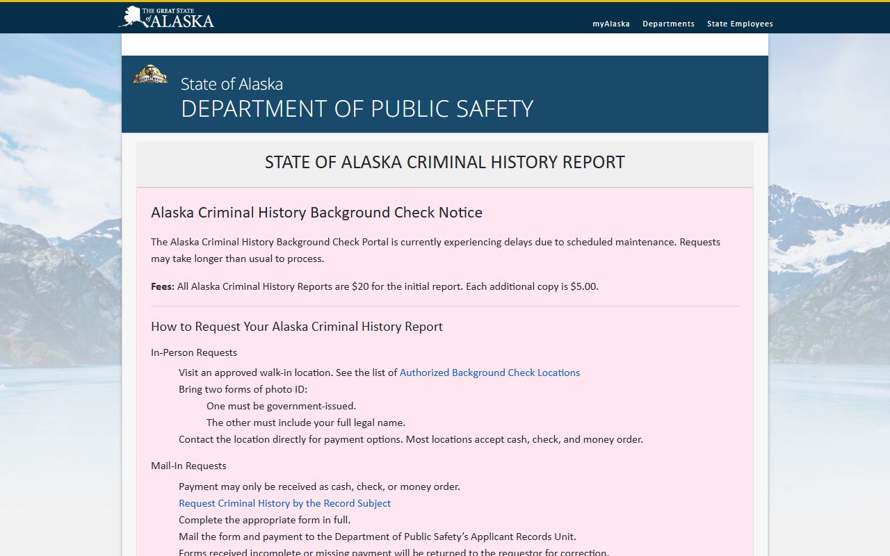 Alaska 72 hour booking criminal records background check portal